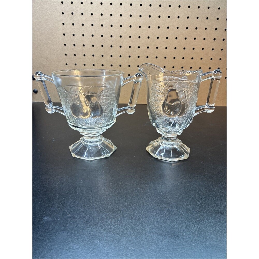 Vintage Jeanette Baltimore Pear Clear Glass Creamer & Sugar Set cottagecore